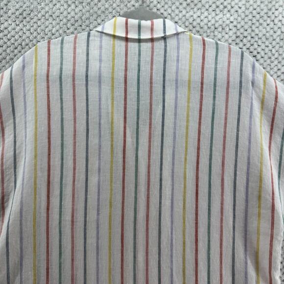 Garner Hill Top Women 14 White Striped Rainbow Linen Button Front Short Sleeve - Picture 7 of 12